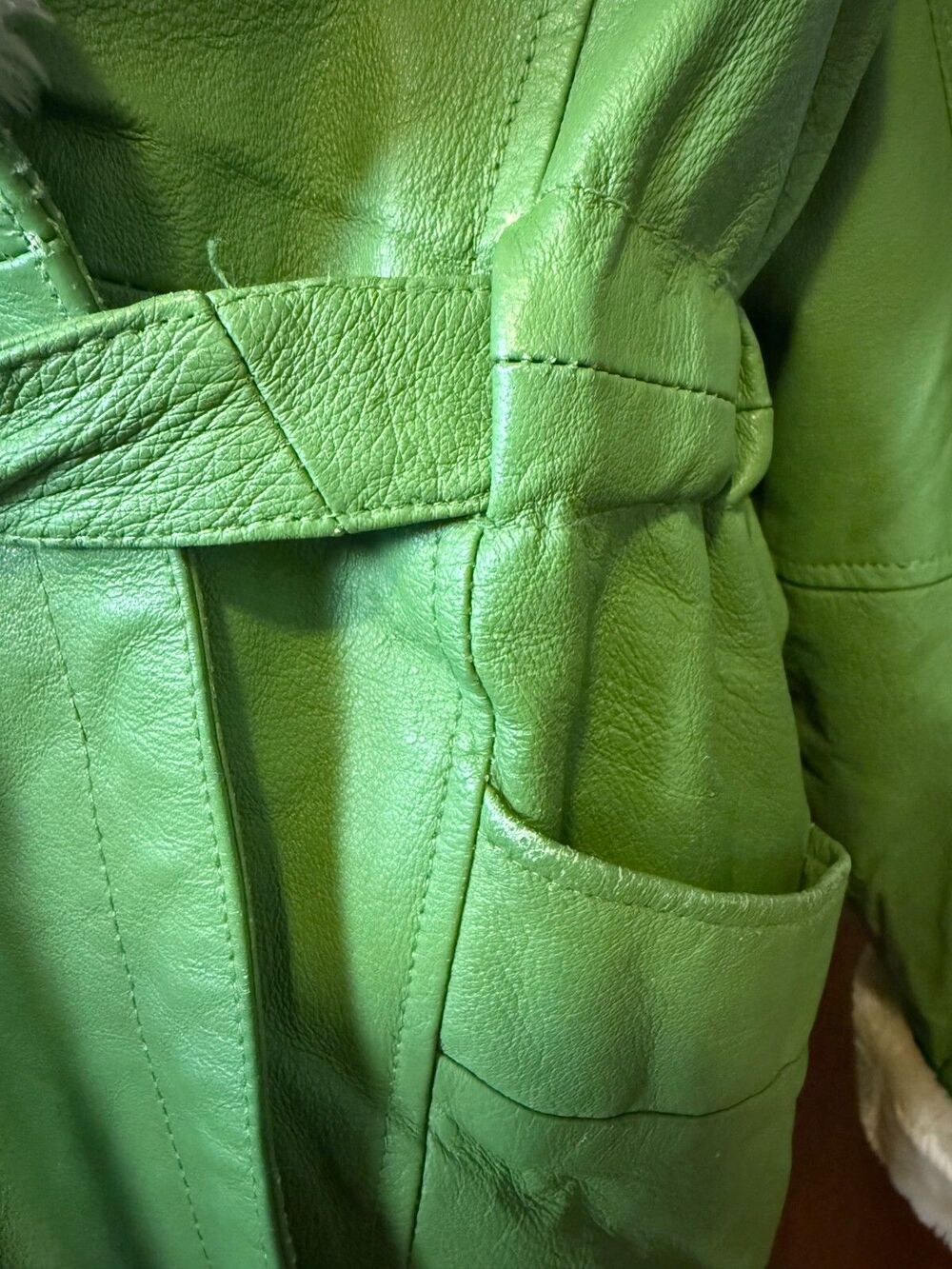 RARE Vtg Leather/Faux Fur Lined USA GREEN Coat w/Hood Penny Lane Protocol Medium - Picture 8 of 16